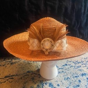 Vintage wide brim straw hat remade.  One of a kind.
